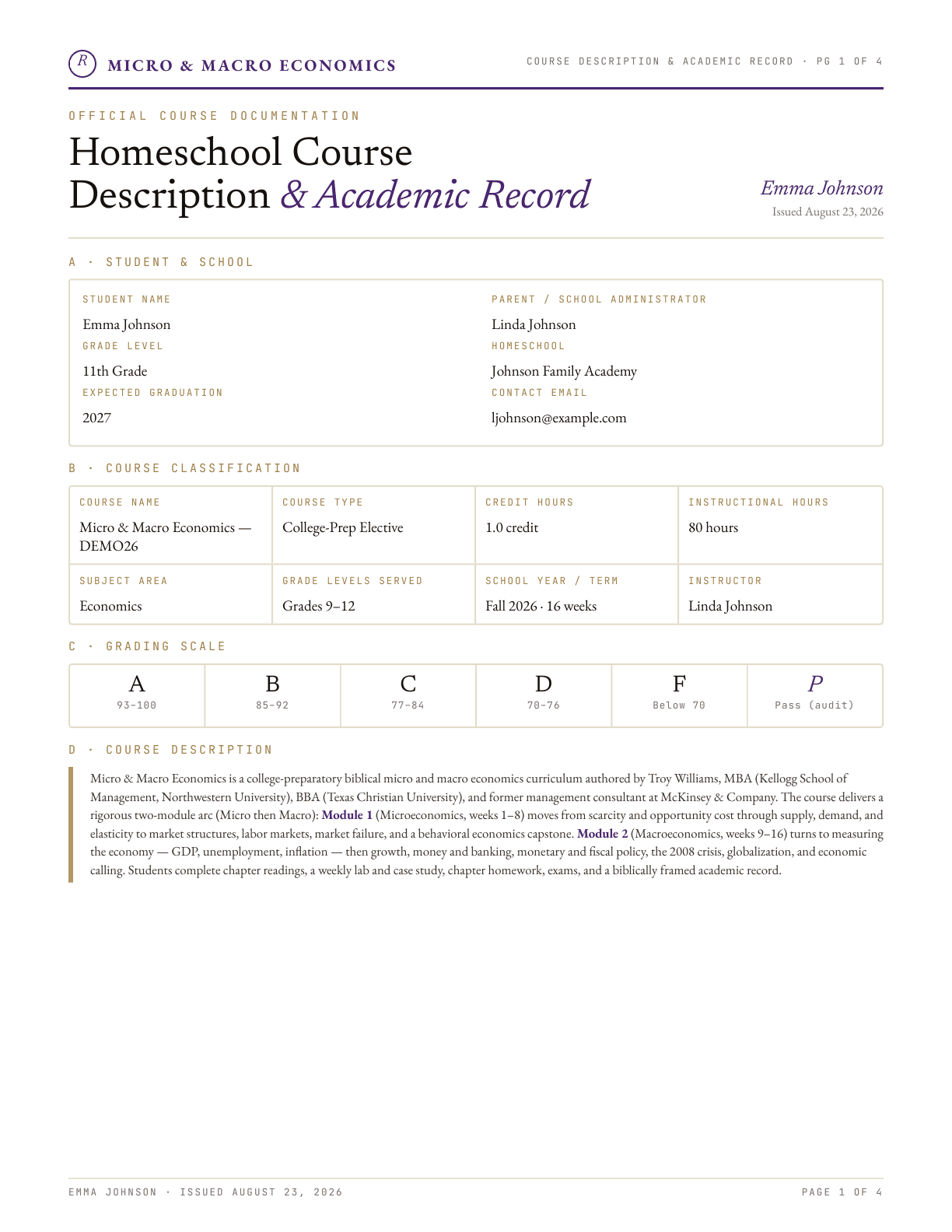 Sample Course Documentation PDF showing cover page with student info, grading scale, and course description